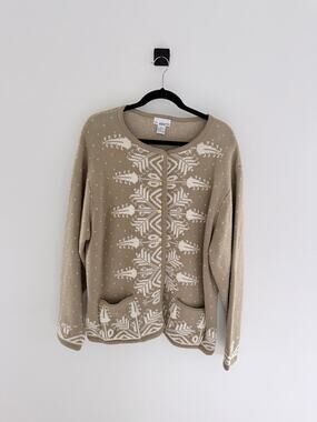 Vintage K.B. Collections Tan White Geometric Knit Cottagecore Cardigan-Size 1X